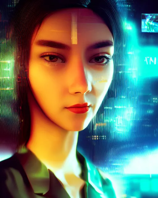 Prompt: A broken monitor with a calm AI-girl's face on it. Very strong glitches on the monitor. Extremely high detail, octane render, glitchcore, glitches, glitch, synthwave, retrowave, cyberpunk, vaporwave, artstation, 8k