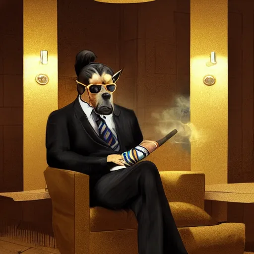 Image similar to a dog wearing a business suit smoking a cigar, dramatic lighting, cinematic, establishing shot, extremly high detail, photorealistic, cinematic lighting, concept art, artstation, style by greg rutkowsky