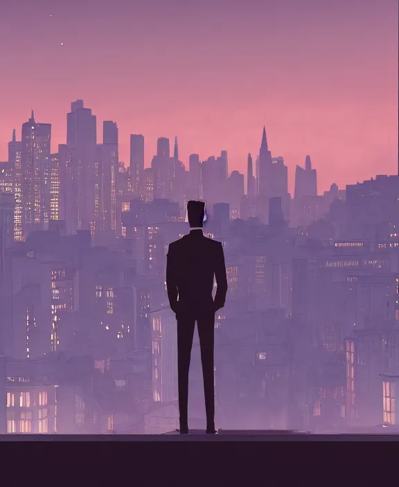 Image similar to human standing on top of the building, watching the city skyline calmly glowing on the background, inspired by isaac levitan, noir comics esthetics, sharp focus, less detailed, 8 k, high resolution