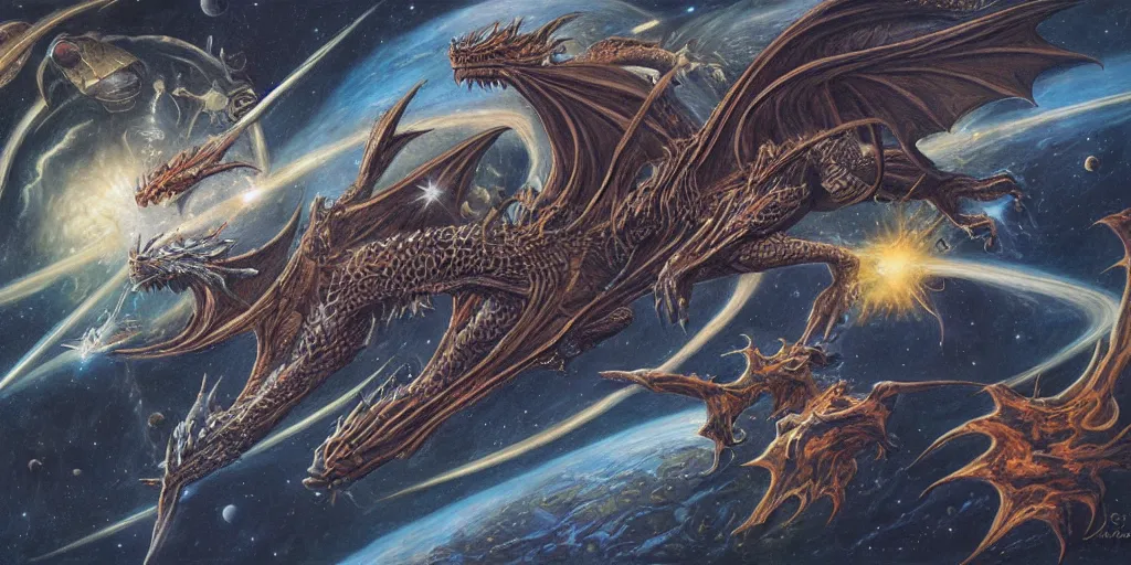 Prompt: a dragon flying through outer space by dan seagrave art