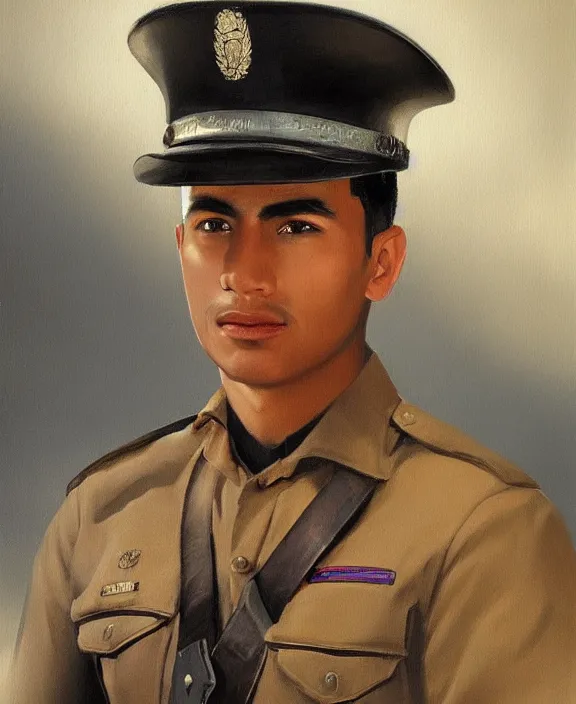 Prompt: portrait of a handsome young mexican policeman in guadalajara, art by denys tsiperko and manuel sanjulian and bogdan rezunenko, hyperrealism