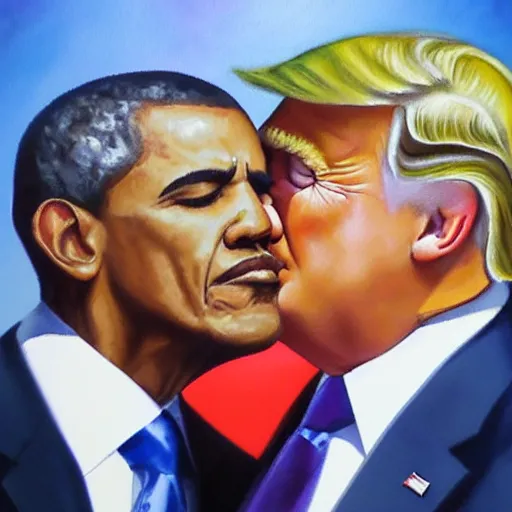 Image similar to oil painting of trump kissing obama, detailed, close up