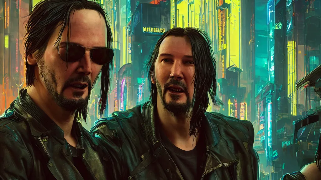 Image similar to a cyberpunk 2077 srcreenshot couple portrait of a Keanu Reeves and a female android,love,film lighting,by Laurie Greasley,Lawrence Alma-Tadema,Dan Mumford,John Wick,Speed,Replicas,artstation,deviantart,FAN ART,full of color,Digital painting,face enhance,highly detailed,8K,octane,golden ratio,cinematic lighting