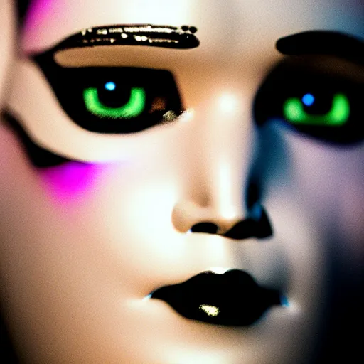 Image similar to close up detail of the face of replicant jennifer lawrence as the bride of frankenstein, macro photography, glowing eyes