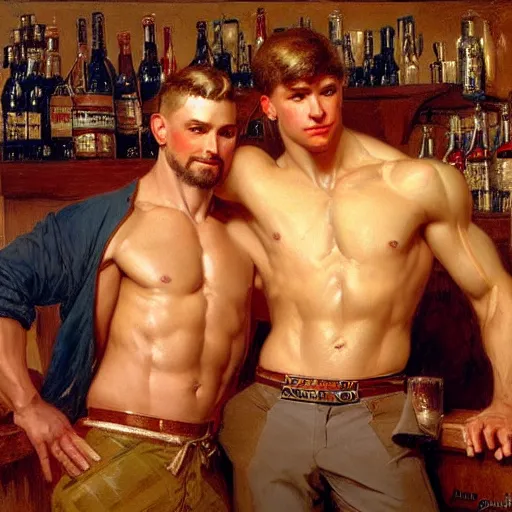 Image similar to attractive muscular maculine male with brunet hair and attractive muscular masculine male with blond hair. pants and shorts, drinking their hearts out, in a pub. highly detailed and very defined painting by j. c. leyendecker, gaston bussiere, craig mullins 8 k