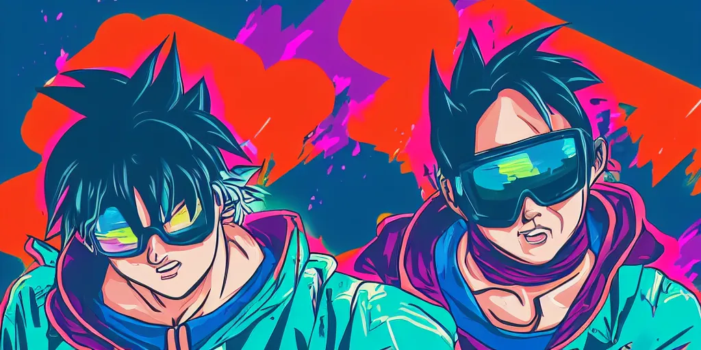 Image similar to vaporwave, vector graphics, synthwave, neon, goku snowboarding, portrait