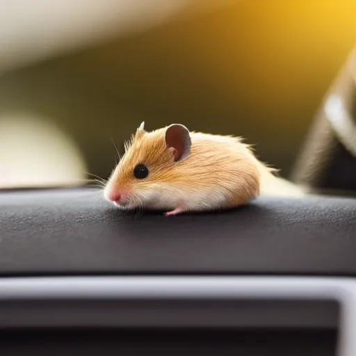Prompt: Photo of small hamster driving remote controlled convertible car bokeh