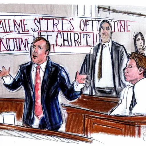 Image similar to alex jones courtroom sketch court trial dancing lobsters