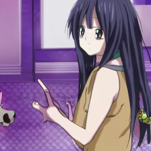 Image similar to anime screenshot of a female character with purple long hair and a small pet