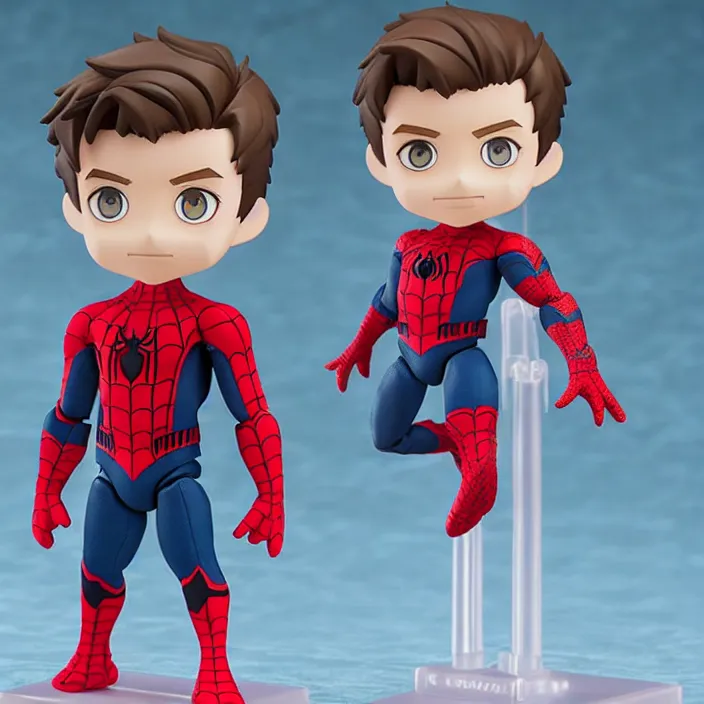 Prompt: tom holland, an anime nendoroid of tom holland spiderman, figurine, detailed product photo