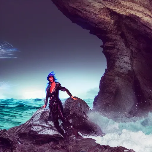 Image similar to portrait photo with stylish lens effect, stylistic lighting, 1 9 8 0's sci - fi style, extremely epic, hyppereality, weta digital, octane render, a flamboyant eccentric fashionable character standing in the cliffside entrance to a cave alongside crashing dramatic ocean waves with sea foam and sea spray, an ancient greek trireme, cinema 4 d, volumetric lighting