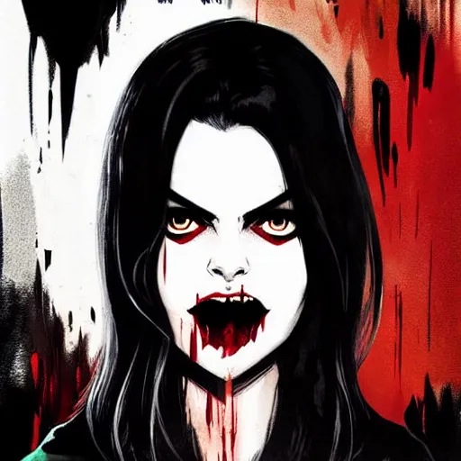 Prompt: Rafael Albuquerque comic cover art, loish, pretty female Samara Weaving vampire, very sharp vampire fangs teeth, blood on face face, sarcastic smile, symmetrical eyes, symmetrical face, brown leather jacket, jeans, long black hair, middle shot, highly saturated, deep blacks