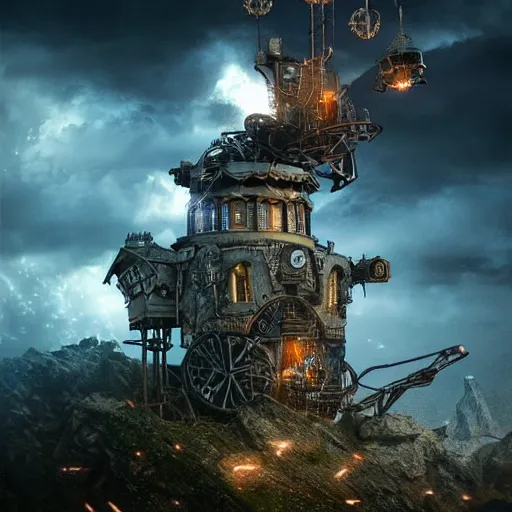 Image similar to a flying steampunk fortress, intricate, behrens style, octane render, fantasy digital art, beautiful composition, trending on artstation, night, meteors, lightning!!! storm, dramatic lighting,