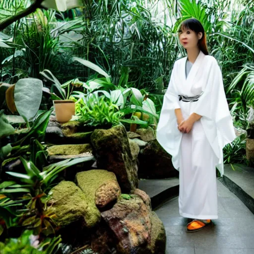 Image similar to a young beautiful woman wearing a white kimono in a tropical greenhouse, photo