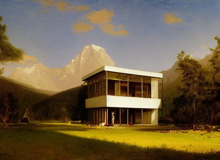 Prompt: painting of a mies van der rohe house in front of beautiful mountains by albert bierstadt