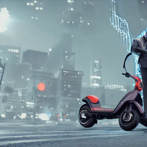 Image similar to Immanuel Kant rides an electric scooter , dramatic lighting, CGsociety, hypermaximalist, golden ratio, environmental key art, octane render, weta digital, micro details, 3d sculpture, structure, ray trace 8k