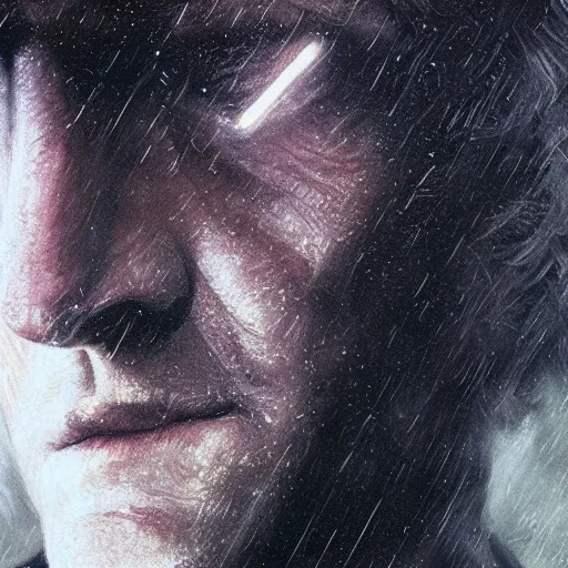 Image similar to cinematic portrait of rutger hauer in blade runner, neon rain, moody, elegant, by alyssa monks, highly detailed, symmetrical face, fine details, masterpiece, trending on artstation