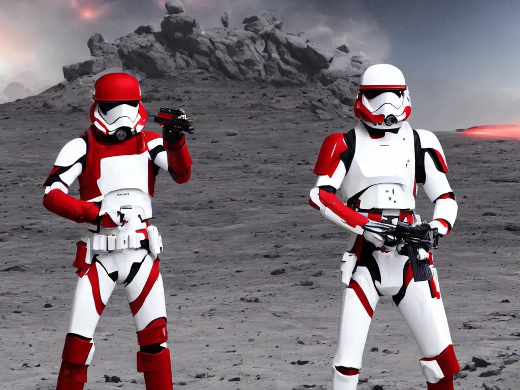 Prompt: space trooper in glossy sleek white armor with small red details, no helmet, long red cape, heroic posture, firing laser rifle, on the surface of mars, explosions in the background, night time, dramatic lighting, cinematic, sci-fi, hyperrealistic, movie still