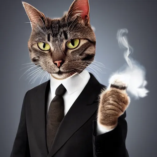 Prompt: a high quality photo of a cat wearing a suit and smoking, render, ultra realistic, cgsociety