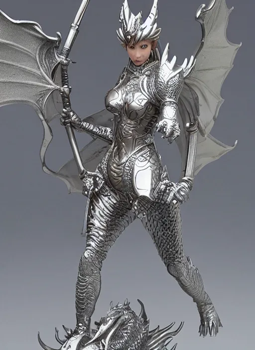 Image similar to 80mm, resin detailed model figure of a female wearing a silver dragon armor