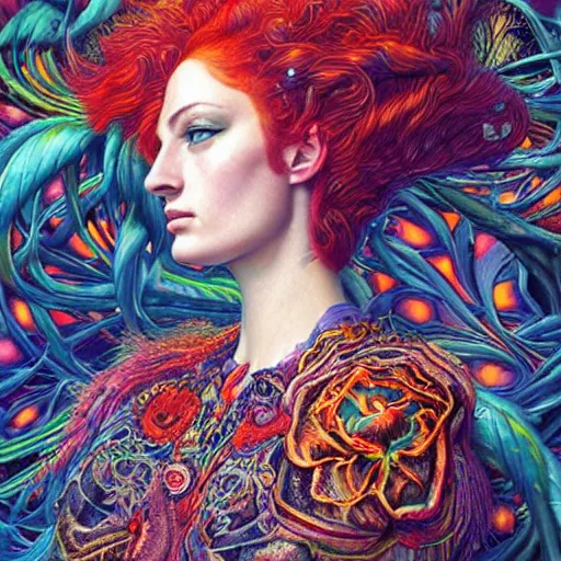 Image similar to portrait of sophie turner, hyper detailed masterpiece, neon floral pattern, jean giraud, digital art painting, darkwave goth aesthetic, psychedelic, artgerm, donato giancola and tom bagshaw