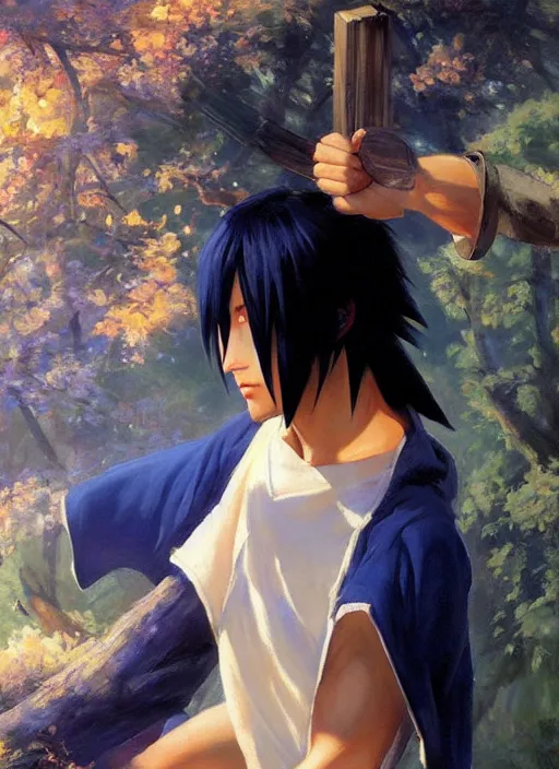 Image similar to sasuke uchiha by ivan shishkin and vladimir volegov and alexander averin and delphin enjolras