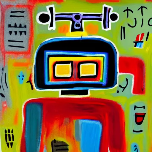 Prompt: painting of a Robot that has feelings in the style of Basquiat