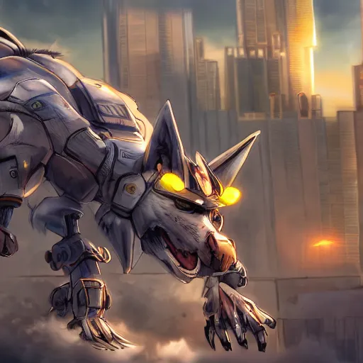 Prompt: highly detailed cinematic shot of a mecha canine, charging through city, digital art, furry art, furaffinity, deviantart, dragon art