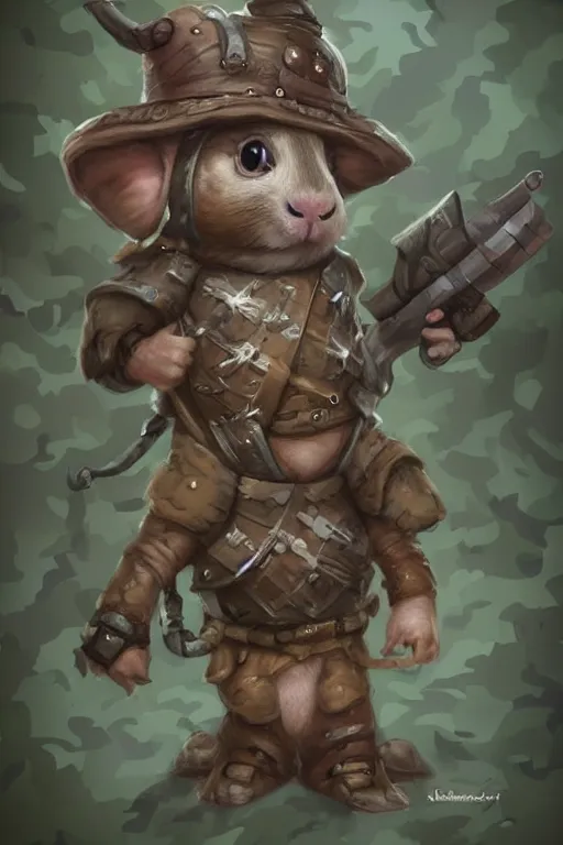 Image similar to cute little anthropomorphic Guinea Pig Soldier, tiny, small, baby animal, short, pixelated army camouflage, cute and adorable, pretty, beautiful, DnD character art portrait, matte fantasy painting, DeviantArt Artstation, by Jason Felix by Steve Argyle by Tyler Jacobson by Peter Mohrbacher, cinematic lighting