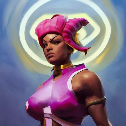Image similar to greg manchess portrait painting of menat from street fighter as overwatch character, medium shot, asymmetrical, profile picture, organic painting, sunny day, matte painting, bold shapes, hard edges, street art, trending on artstation, by huang guangjian and gil elvgren and greg rutkowski