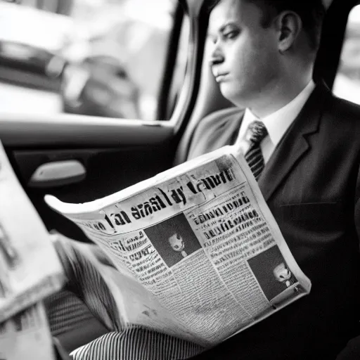 Image similar to a cat in a suit in back of taxi reading a newspaper, black and white, canon camera,