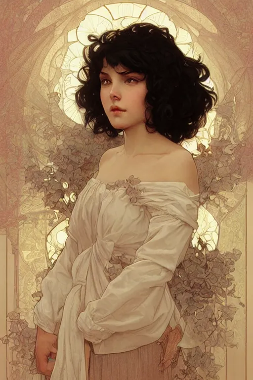 Image similar to beautiful cottagecore of a girl with short black curly hair, round face, cute face. intricate, elegant. highly detailed, digital painting, artstation, concept art, smooth, sharp, focus, illustration. art by artgerm and greg rutkowski alphonse mucha and Marat Safin