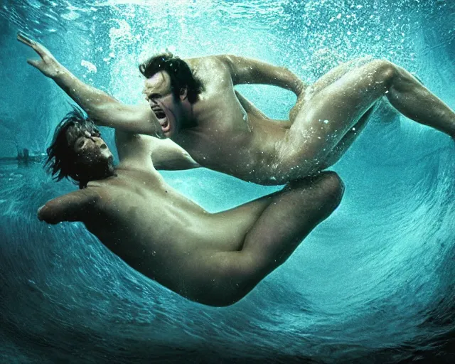 Image similar to Jack Nicholson as a merman swimming underwater, cinematic lighting, cinematography photograph