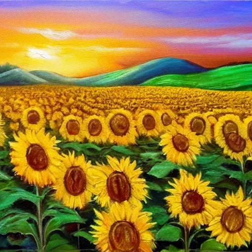 Prompt: an oil painting of a beautiful meadow of sunflowers, hills, sunset,