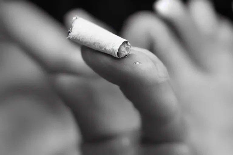 Prompt: A photo of thin soft hand holding cigarette with smoke, hyper realistic