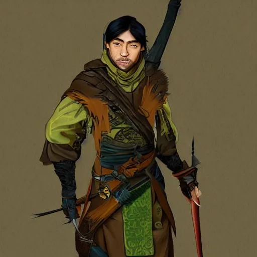 Prompt: a medieval hunter man with japanese ethnicity and stubble, chartreuse color scheme, fantasy character portrait by sasha beliaev