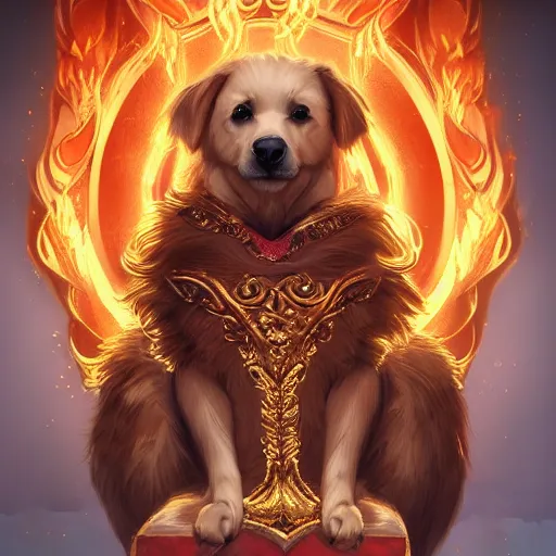 Image similar to golden dog sitting on a fiery throne, stylized, artgerm, artstation, hd, cgsociety, cgi, realistic, dramatic, cinematic, artistic, trending, detailed