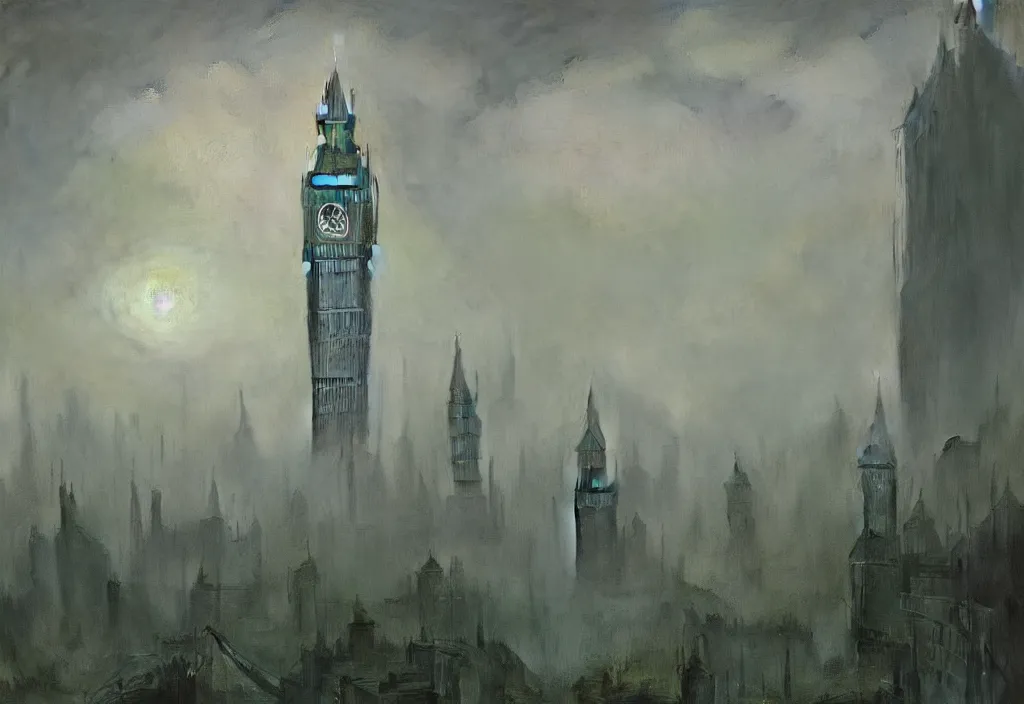 Image similar to london in green mist by carl gustav carus, clocktower, steampunk, tentacles, cthulhu, digital art, 4k, trending on artstation, highly detailed