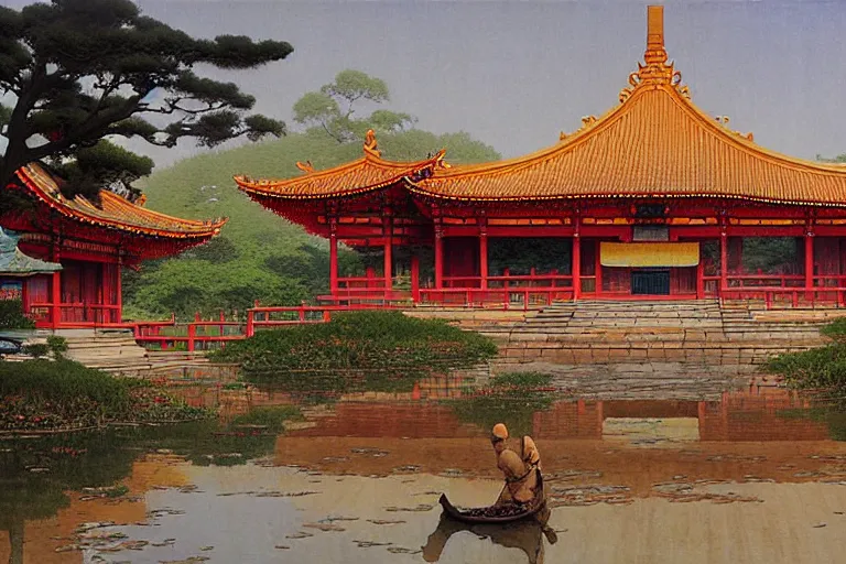 Prompt: asian temple, painting by jean giraud, greg rutkowski, carl larsson