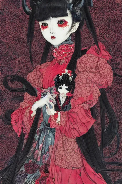 Prompt: watercolor painting of an avant - garde japanese cat queen in a victorian lolita fashion red dress in the style of lovecraftian horror painted by yoshitaka amano, takato yamamoto, ayami kojima, dmt art, symmetrical vogue face portrait, intricate detail, artstation, cgsociety, artgerm, rococo