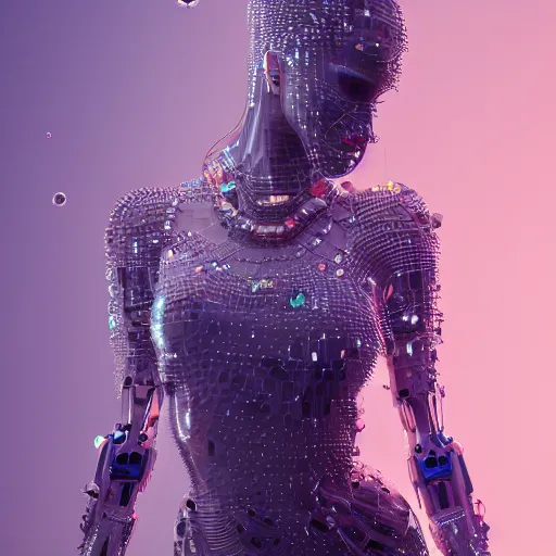 Image similar to woman full body, ethereal, biomechanical, cyberpunk, covered in gems / diamond, elegant posed intricate, extremy detailed andrew chiampo, frederik heyman, beeple, cgsociety, artstation. cinematic lighting, highly detailed 4 k art