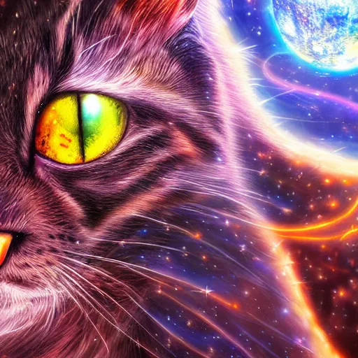 Prompt: Photorealistic magic cats in space. Hyperdetailed photorealism, 108 megapixels, amazing depth, glowing rich colors, powerful imagery, psychedelic Overtones, 3D finalrender, 3d shading, cinematic lighting, artstation concept art