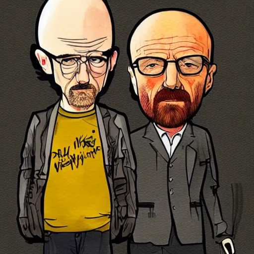 Image similar to Jessy Pinkman and Walter White in the style of Ralph Steadman