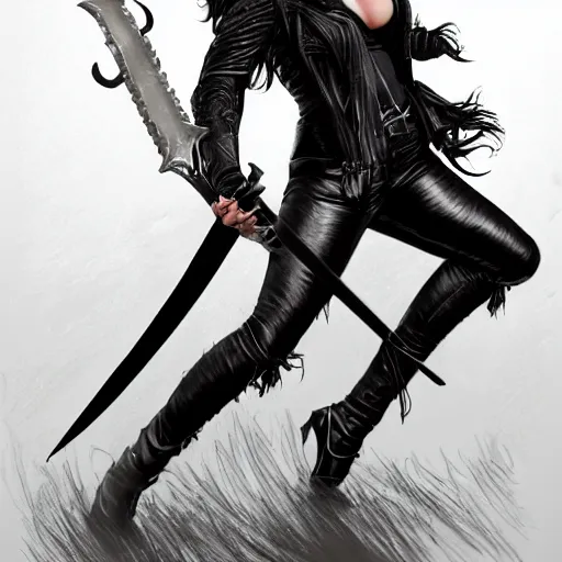 Prompt: an action photo of a black haired woman in a black leather jacket in a swordfight, muscular upper body, abs, d & d, fantasy, intricate, elegant, highly detailed, digital painting, artstation, concept art, smooth, sharp focus, illustration, art by simon bisley