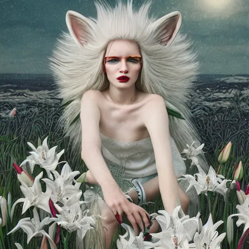 Image similar to pretty model with white wolf, white lilies : : by martine johanna and simon stalenhag and chie yoshii and casey weldon and wlop : : ornate, dynamic, particulate, rich colors, intricate, elegant, highly detailed, vogue, wolf, harper's bazaar art, fashion magazine, smooth, sharp focus, 8 k, octane render