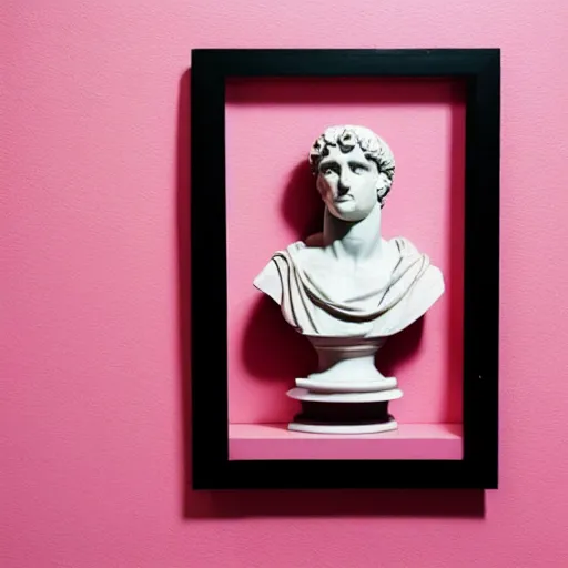 Prompt: a greco - roman marble bust sits on a pink and black checkerboard tile floor, a pink wall in the background with a framed photo of a cityscape at night, trending on bandcamp
