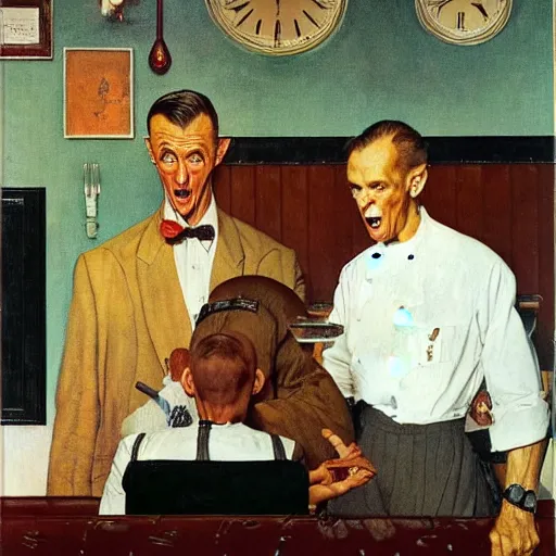 Image similar to the tallest man in the world gets himself into difficulties in a restaurant and threatens the horrified waiter, painted by norman rockwell and tom lovell and frank schoonover