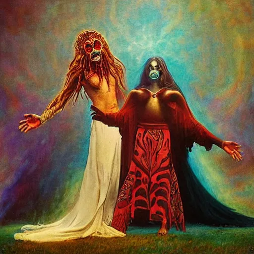 Image similar to the concept of a loving relationship, transcendence, airbrush art, shamanic dmt horror art, by edwin austin abbey