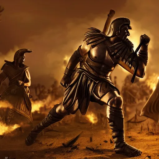 Image similar to A spartan man fighting Athenians in a battlefield, award winning, trending on artstation, unreal engine