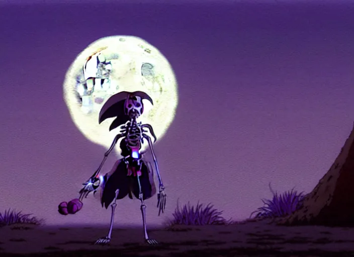 Image similar to a still from a studio ghibli movie of a purple cloaked skeleton necromancer from princess mononoke ( 1 9 9 7 ), in front of a pale full moon, full body, wide shot, very dull muted colors, studio ghibli, highly detailed, deviantart, art by artgem